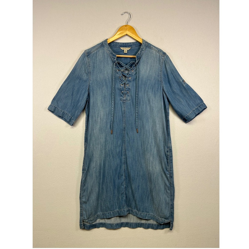 Boho Coastal Calvin Klein Jeans Womens Medium Blue Lace Up Denim Shift Dress